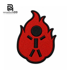 May include: An embroidered patch featuring a black stick figure centered within a vibrant red flame shape. The design is outlined in black thread, creating a bold contrast. The patch has a textured surface and a clean, defined edge throughout.