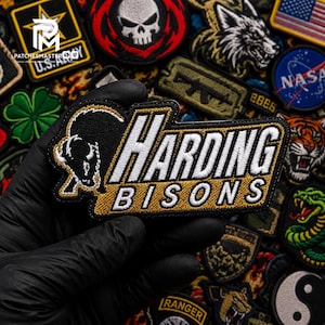May include: An embroidered patch featuring a black and gold bison silhouette on the left side, with the text HARDING BISONS in bold white letters outlined in black and gold. The patch has a black border and a textured, stitched fabric finish.