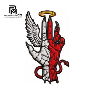 May include: An embroidered patch featuring a split hand design. The left side is white with a feathered wing and a halo above. The right side is red with sharp black claws and a pointed devil tail at the base. The design is outlined in black thread.