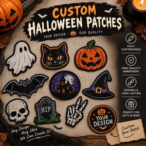 Peut inclure: Une collection de patchs brodés d'Halloween comprenant un fantôme blanc, un chat noir, une citrouille orange, une chauve-souris noire, une maison hantée, un chapeau de sorcière, un crâne, une pierre tombale avec RIP, une main squelette et un écusson.