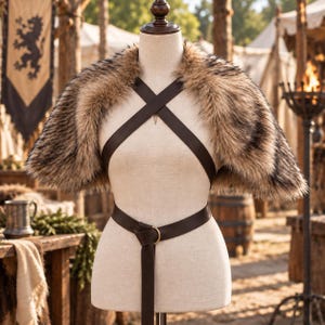 Medieval Costume Faux Fur Shoulder Cape Viking Warrior Shawl Ren Faire Cosplay Adjustable Chest Strap Gift for History Lover