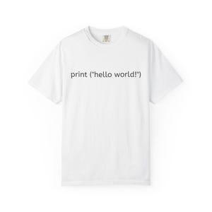 Könnte beinhalten: Ein weißes kurzärmeliges T-Shirt mit dem schwarzen Textaufdruck ("hello world!") mittig auf der Brust. Das Kleidungsstück hat einen Rundhalsausschnitt und eine Standardpassform, wobei der Programmierbefehl in einer serifenlosen Schriftart dargestellt ist.