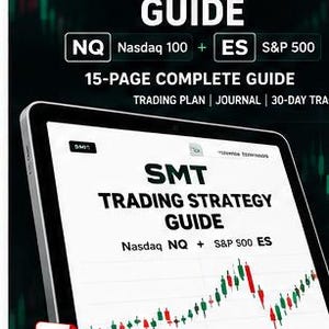 May include: A digital tablet displays the SMT Trading Strategy Guide for Nasdaq 100 and S&P 500, featuring a 15-page layout with a stock market candlestick chart, trading plan, journal, and risk management icons, accompanied by a red PDF file icon.