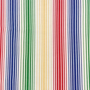 Peut inclure: Un tissu textile présentant un motif à rayures verticales répétitives. Le design se compose de lignes fines et épaisses dans des tons vifs de rouge, bleu roi, vert herbe et jaune pâle, le tout sur un fond blanc uni et propre.