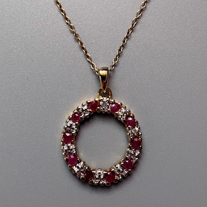 Vintage 90s Ruby Circle of Life Necklace Gold Vermeil 925 Sterling Silver Pendant Italian Chain Diamond Accent & Illusion Settings signed r