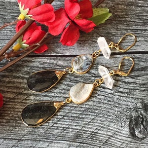 Sparkly Dangle Druzy Earrings with Crystal Quartz and a Rutilated Quartz Drop