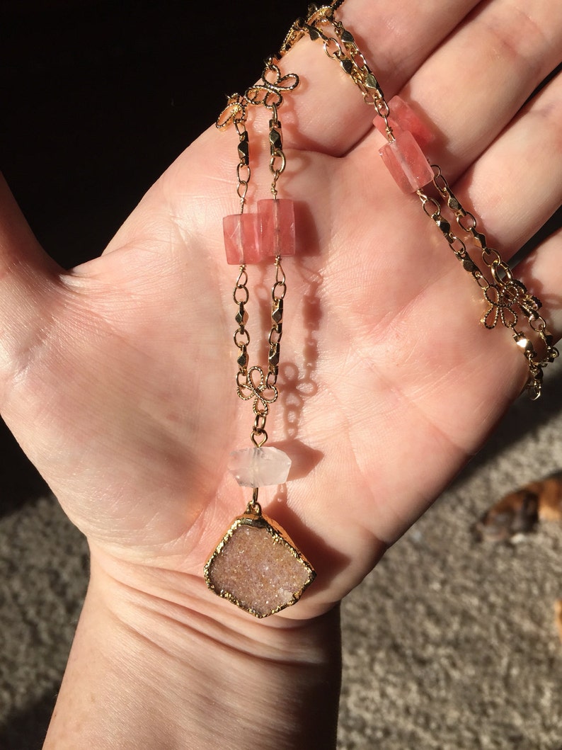 Feminine and Pretty Peach Druzy Necklace with Crystal Quartz and Cherry Quartz