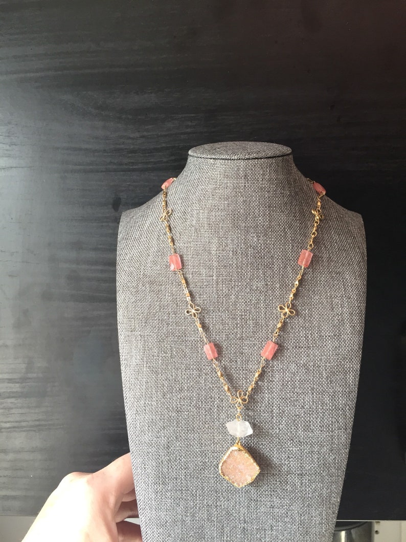 Feminine and Pretty Peach Druzy Necklace with Crystal Quartz and Cherry Quartz