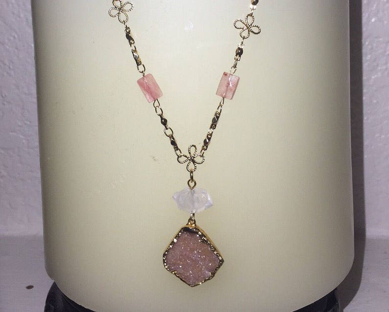 Feminine and Pretty Peach Druzy Necklace with Crystal Quartz and Cherry Quartz