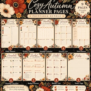 以下が含まれることがあります： Cozy Autumn Planner Pagesというタイトルの9ページの印刷可能なプランナーセット。デイリープランナー、ウィークリープランナー、マンスリーカレンダー、買い物リスト、食事プランナー、掃除チェックリスト、予算プランナー、バケットリスト、メモページが含まれています。