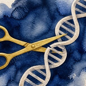 Könnte beinhalten: Eine Aquarellillustration mit einer goldenen Schere, die über einem weißen DNA-Doppelhelix-Strang platziert ist. Der Hintergrund besteht aus einem strukturierten, tiefblauen Farbauftrag, der die Objekte kreisförmig umgibt.