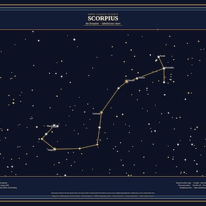 以下が含まれることがあります： SCORPIUS, the Scorpionと題された濃紺の長方形の星図。細い線で結ばれた白と薄いオレンジ色の星々で構成された星座が描かれています。プリントの上下の端には、小さな白い文字で詳細情報が記載されています。