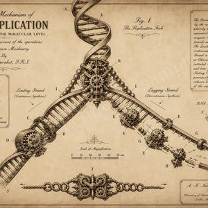 DNA-replikeringsgaffel, urverk, vintagegravyr, digital nedladdningsaffisch