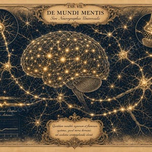 May include: A vintage-style anatomical print titled DE MUNDI MENTIS featuring a central human brain illustration with glowing neural pathways, detailed diagrams labeled Fig. I, II, and III, scientific text, and a graph on a dark background.