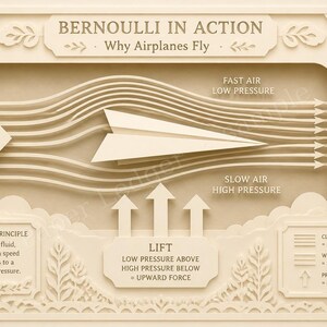 May include: A cream-colored paper-cut style educational display titled Bernoulli in Action: Why Airplanes Fly. It features a central paper airplane with airflow lines, labels for fast and slow air, lift, and text boxes explaining Bernoulli's principle and pressure differences in a wind tunnel.