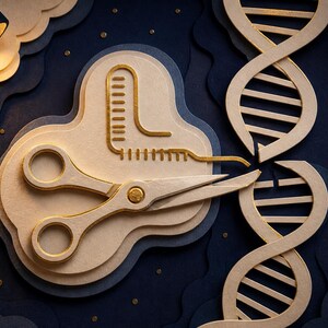 Op de afbeelding: Een gelaagd papieren kunstwerk met een goudgerande schaar die door een beige DNA-dubbelhelixstructuur knipt. Een goudkleurig L-vormig liniaalicoon bevindt zich boven de schaar tegen een donkerblauwe achtergrond met gouden accenten.