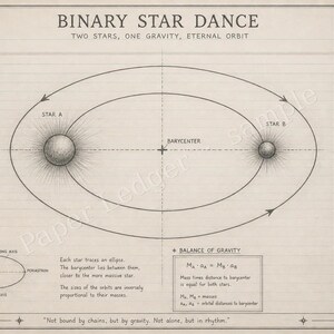 May include: A scientific diagram titled Binary Star Dance, Two Stars, One Gravity, Eternal Orbit. It features two stars orbiting a central barycenter in elliptical paths, with technical notes, a key, and orbit geometry sketches on lined paper.