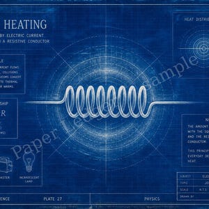 Op de afbeelding: Een blauwe technische blauwdruk getiteld Joule Heating, met een centrale witte spoelillustratie, de formule P = I² R en verklarende tekst over warmte geproduceerd door elektrische stroom die door een weerstandsgeleider gaat.