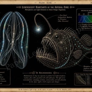 Könnte beinhalten: Ein wissenschaftliches Poster mit dem Titel Luminescent Inhabitants of the Abyssal Zone, das eine detaillierte Illustration einer Rippenqualle und eines Anglerfisches zeigt. Der schwarze Hintergrund enthält Diagramme, Beschriftungen und Texte.