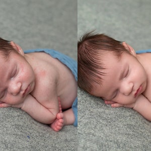 Può includere: Un neonato dorme su una coperta grigia. Il bambino indossa un body blu chiaro e ha le braccia ripiegate sotto il mento.