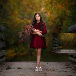 May include: A young person wearing a burgundy dress and white shoes stands on a wooden bridge. They are holding a bouquet of red berries. The background is a blurred image of a wooded area.