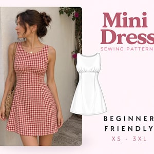 May include: A sleeveless mini dress with a red and white gingham pattern, featuring a scoop neckline and a fitted bodice. Next to it is a white line drawing of the dress pattern, with the text Mini Dress Sewing Pattern Beginner Friendly XS - 3XL.