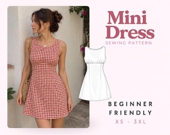 Peut inclure: Une mini-robe sans manches à motif vichy rouge et blanc, dotée d'une encolure ronde et d'un corsage ajusté. À côté se trouve un dessin au trait blanc du patron de couture, avec le texte Mini Dress Sewing Pattern Beginner Friendly XS - 3XL.