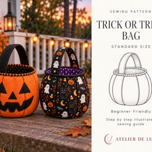 May include: A sewing pattern for a trick or treat bag, featuring a line drawing of a pumpkin-shaped bucket. The image displays two finished fabric bags: one orange with a jack-o'-lantern face and one black with a pattern of ghosts and cats.