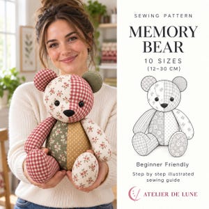 Nähvorlage „Erinnerungsbär“ (PDF): 10 Größen, Patchwork-Teddybär, A4 & US Letter