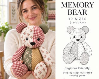 Puede incluir: Un patrón de costura para un oso de recuerdo en 10 tamaños de 12 a 30 cm. La imagen muestra un oso de peluche de patchwork terminado hecho de varias telas florales y de cuadros, junto con texto que detalla la guía y la marca Atelier de Lune.