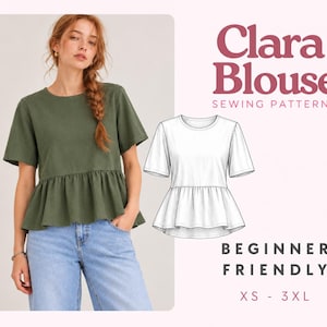 Peplum Blouse Sewing Pattern for Women (XS-XXXL), Easy Blouse Pattern, Women Sewing Pattern, Beginner T-Shirt Pattern, Women Top Pattern