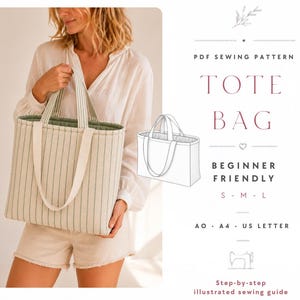 May include: A PDF sewing pattern for a tote bag with text reading PDF SEWING PATTERN TOTE BAG BEGINNER FRIENDLY S-M-L AO A4 US LETTER. The image shows a beige tote bag with thin vertical stripes and two white handles, alongside a line drawing.