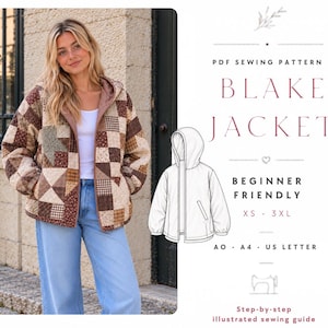 May include: A PDF sewing pattern for the Blake Jacket, featuring a hooded design with a patchwork quilt aesthetic in shades of brown, tan, and cream. The document includes a technical line drawing, size range XS to 3XL, and format options A0, A4, and US Letter.