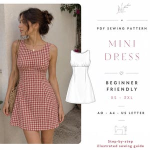 May include: A PDF sewing pattern for a mini dress, featuring a sleeveless design with a fitted bodice and a flared skirt. The text reads: PDF SEWING PATTERN, MINI DRESS, BEGINNER FRIENDLY, XS - 3XL, A0, A4, US LETTER, Step-by-step illustrated sewing guide.