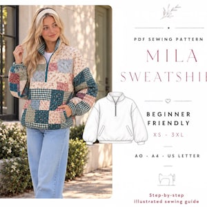 Puede incluir: Un patrón de costura en PDF para la sudadera Mila, con un diseño de patchwork con estampados florales y de cuadros en azul, rosa y crema. La imagen incluye un dibujo técnico de la sudadera con cremallera de cuarto y mangas largas.
