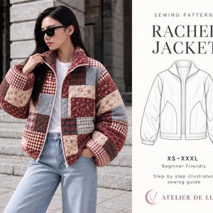 May include: A quilted jacket featuring a patchwork design of red, brown, and grey fabric squares with floral and gingham patterns. The text reads SEWING PATTERN RACHEL JACKET, XS-XXXL, Beginner Friendly, Step by step illustrated sewing guide, ATELIER DE LUNE.