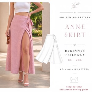 May include: A PDF sewing pattern for the Anne Skirt, featuring a pink and white gingham wrap skirt with a side tie. The graphic includes a white line drawing of the skirt, text reading PDF SEWING PATTERN, ANNE SKIRT, BEGINNER FRIENDLY, XS-3XL, A0, A4, US LETTER, and Step-by-step illustrated sewing guide.