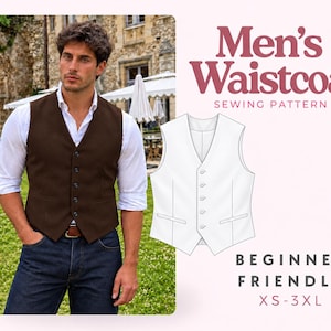 Peut inclure: Un patron de couture pour gilet comprenant un gilet marron foncé à cinq boutons et une chemise blanche. Le graphique inclut un dessin au trait blanc du gilet, le texte Men's Waistcoat Sewing Pattern et le texte Beginner Friendly XS-3XL.