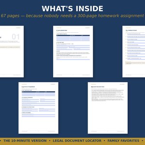 May include: A digital document template featuring five white pages with black text and blue accents. The header reads WHAT'S INSIDE 67 pages &mdash; because nobody needs a 300-page homework assignment. The footer lists 15 SECTIONS, THE 10-MINUTE VERSION, LEGAL DOCUMENT LOCATOR, FAMILY FAVORITES, and FINAL WISHES.