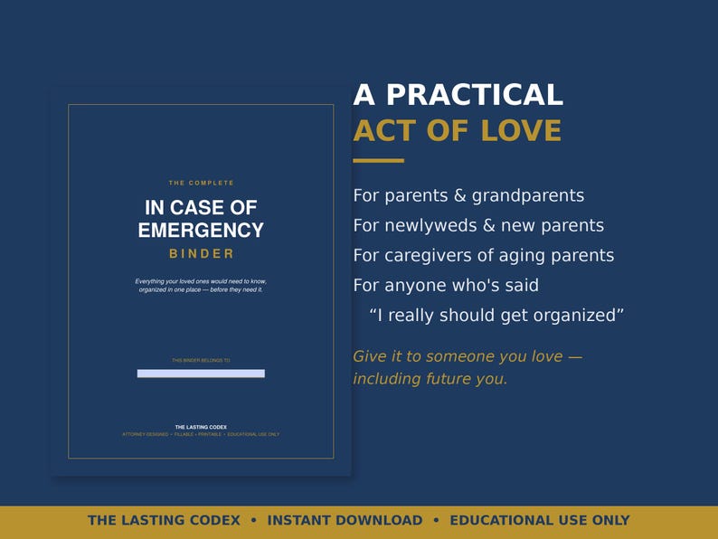 May include: A dark blue binder cover titled The Complete In Case Of Emergency Binder with white and gold text. The text reads A Practical Act Of Love, For parents & grandparents, For newlyweds & new parents, For caregivers of aging parents.