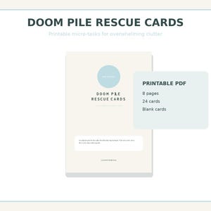 Puede incluir: Set de tarjetas Doom Pile Rescue Cards en PDF imprimible con 8 páginas, 24 tarjetas y tarjetas en blanco. El documento tiene un fondo beige claro con un círculo azul pálido, texto oscuro que dice Doom Pile Rescue Cards y un cuadro blanco.