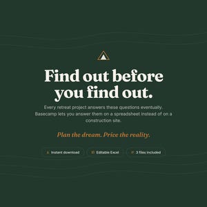 Könnte beinhalten: Eine dunkelgrüne digitale Grafik mit dem Text Find out before you find out. Every retreat project answers these questions eventually. Basecamp lets you answer them on a spreadsheet instead of on a construction site. Plan the dream. Price the reality.