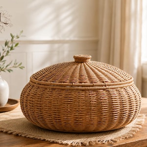May include: A round, light brown woven wicker basket with a matching domed lid featuring a small central knob. The basket has a tight, horizontal weave pattern and a wide, low-profile shape, providing a structured and uniform appearance.