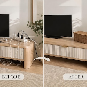 May include: A rectangular woven rattan cable management box with a lid, shown in a before and after comparison on a light wood media console. The box conceals a white power strip and multiple black and white electrical cords from a television.