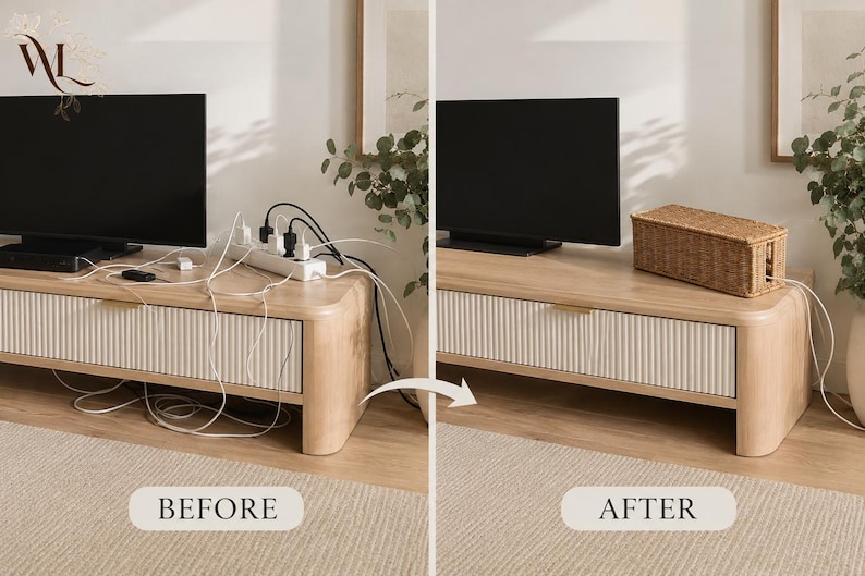 May include: A rectangular woven rattan cable management box with a lid, shown in a before and after comparison on a light wood media console. The box conceals a white power strip and multiple black and white electrical cords from a television.