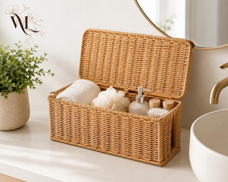 May include: A rectangular light brown woven storage basket with a hinged lid. The basket contains a white folded towel, a white bath sponge, a clear pump bottle with a silver nozzle, and two small containers holding white cotton swabs.