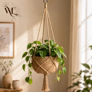 May include: A hanging plant holder made of thick, natural-coloured jute rope with a woven net design. The holder contains a lush green pothos plant with heart-shaped leaves that spill over the sides. A decorative tassel hangs from the bottom.