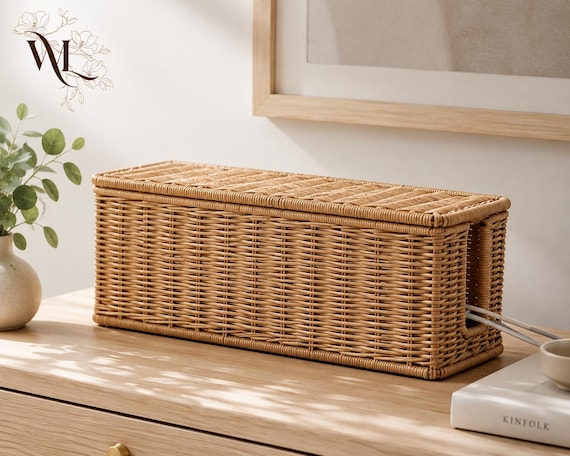 Rattan Cable Management Box, Wicker Cord Organizer, Under Desk Wire Hider, 2 Open Slots