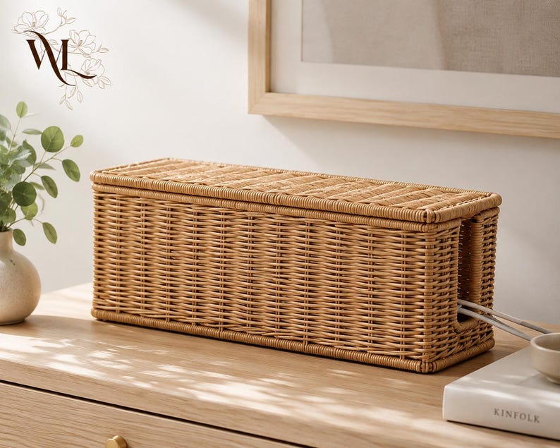 May include: A rectangular light brown woven wicker cable management box with a removable lid. The box features a horizontal weave pattern and a side opening for routing electrical cords. The structure is elongated and designed for storage.