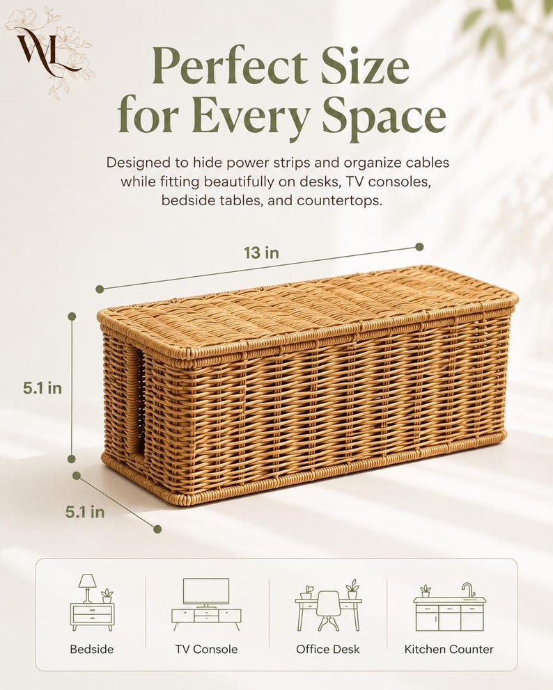 May include: A rectangular light brown woven cable management box with a lid. The box features a side cutout for cords and measures 13 inches in length, 5.1 inches in height, and 5.1 inches in width. Text on the image reads Perfect Size for Every Space.